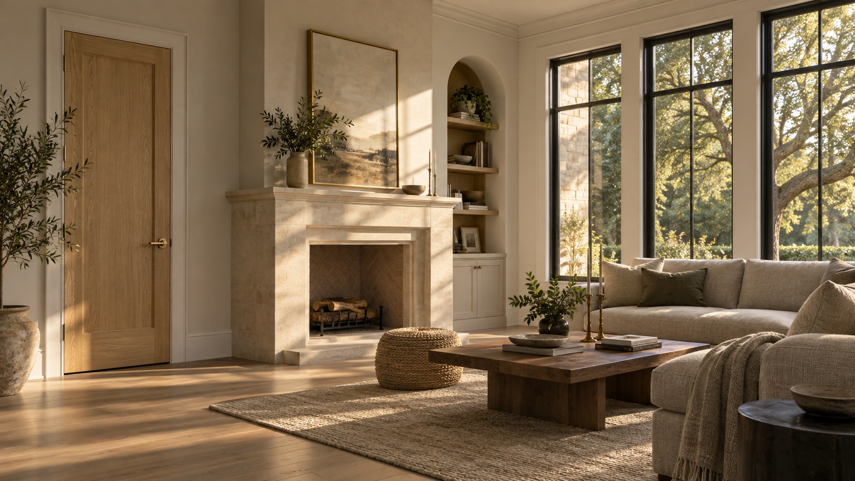 Illustrative architectural interior showing coordinated doors, trim, windows and mantel